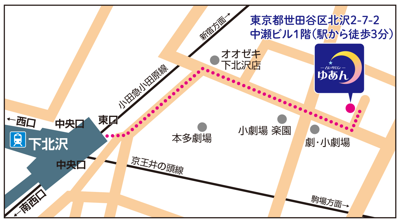 下北沢駅から占いサロンゆあんまでの地図